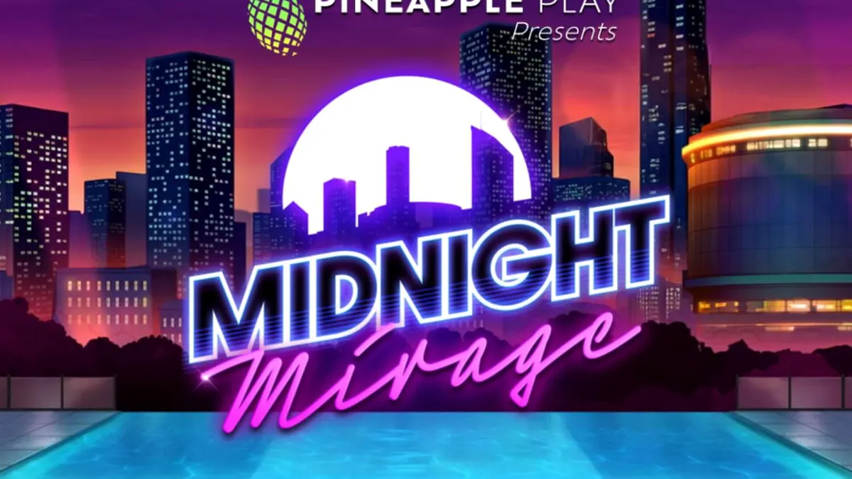 Tampilan visual slot Midnight Mirage dengan tema bar atap mewah dan lampu neon