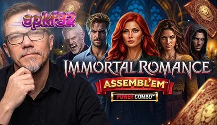 Tampilan layar Immortal Romance ASSEMBL’EM™ dengan karakter vampir dan latar belakang gelap.
